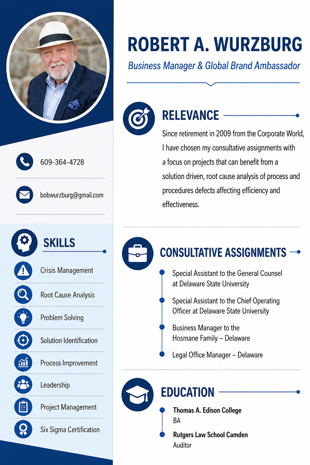 Infographic CV for Robert A. Wurzburg: consultative assignments including Special Assistant to the General Counsel and to the Chief Operating Officer at Delaware State University, Business Manager to the Hosmane family, and Legal Office Manager; skills in crisis management, root cause analysis, problem solving, process improvement, leadership, project management, and Six Sigma; education at Thomas A. Edison College (BA) and Rutgers Law School Camden (Auditor).